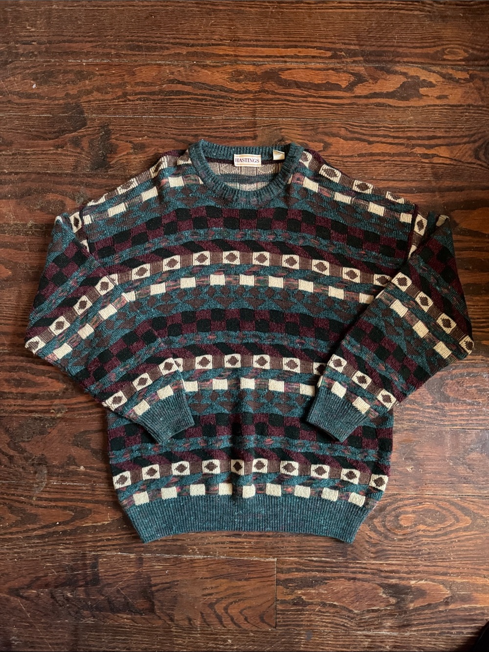 Hastings Teal & Burgundy Alpaca & Wool Pattern Knit Crewneck Men’s Sweater XL